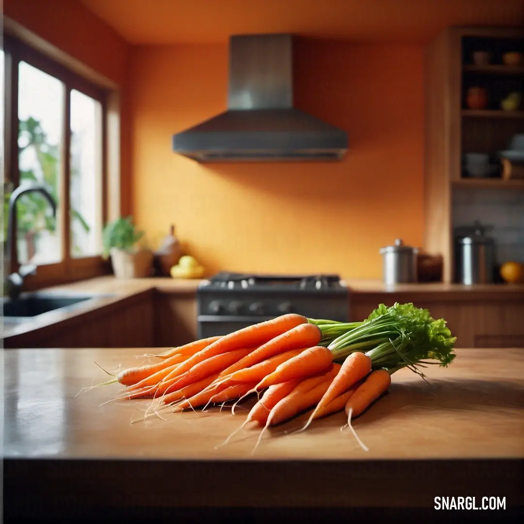 A vibrant bunch of freshly harvested carrots resting on a kitchen countertop, bathed in golden sunlight, showcasing their earthy color and the beauty of harvest season.