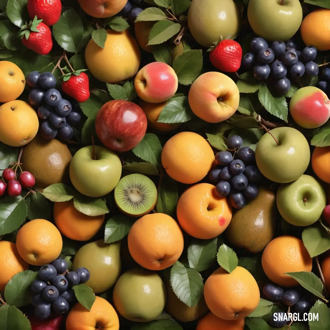 A vibrant assortment of fruits sprawled on the ground, featuring a mix of apples and grapes, their rich colors creating a beautiful mosaic that celebrates nature's sweet offerings.