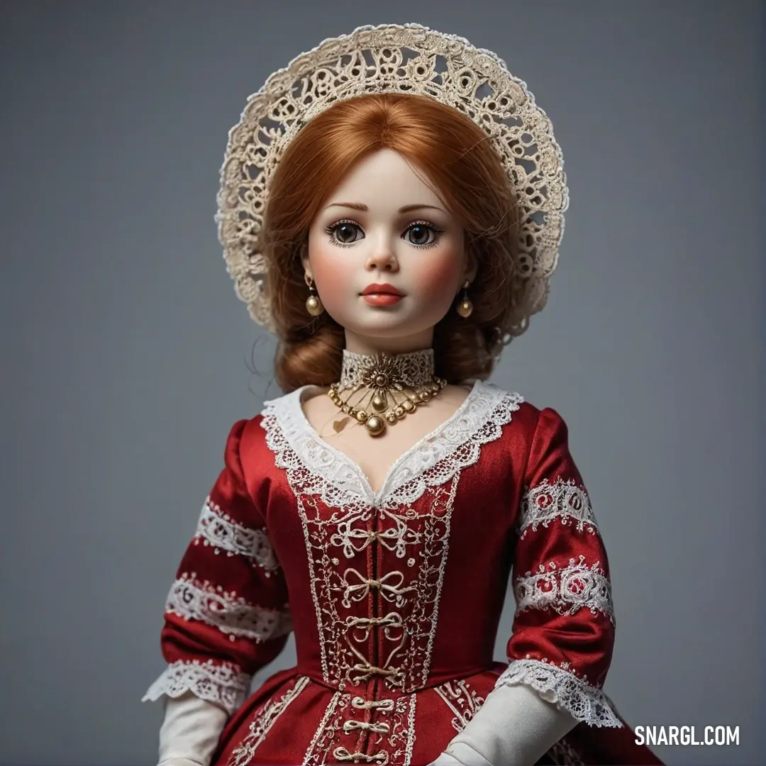 Red brown color. Doll with a red dress and white lace on it's head