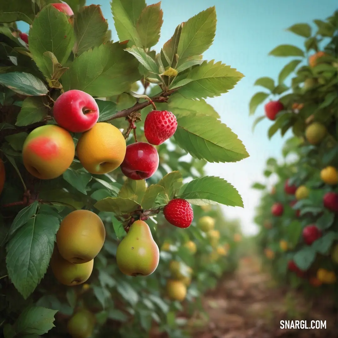 An abundance of ripening fruits clinging to the branches of a flourishing tree, with delicate berries adding a touch of contrast, embodying the beauty and richness of a bountiful harvest season.