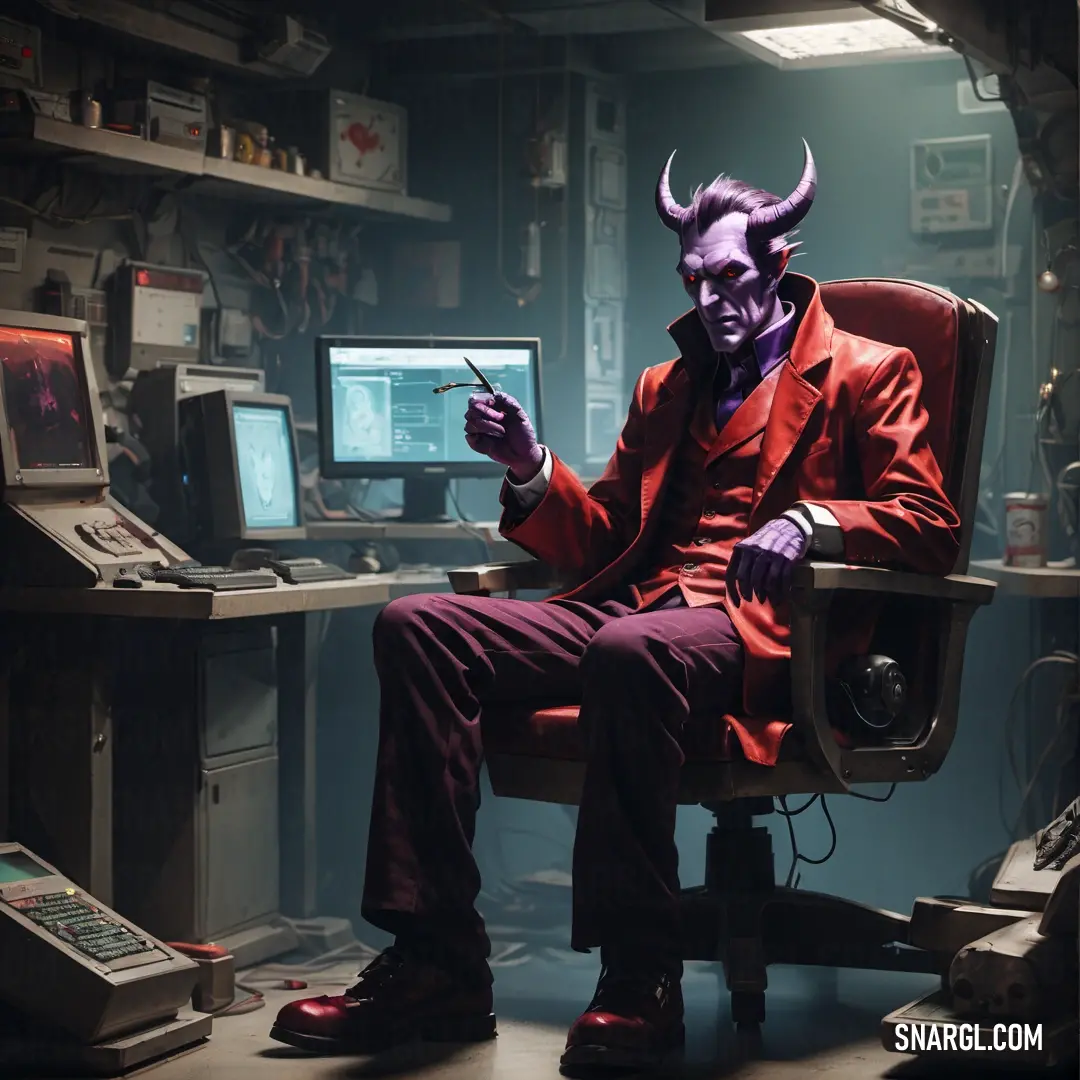 Man in a red suit in a chair with a purple demon mask on his face. Example of #A52A2A color.