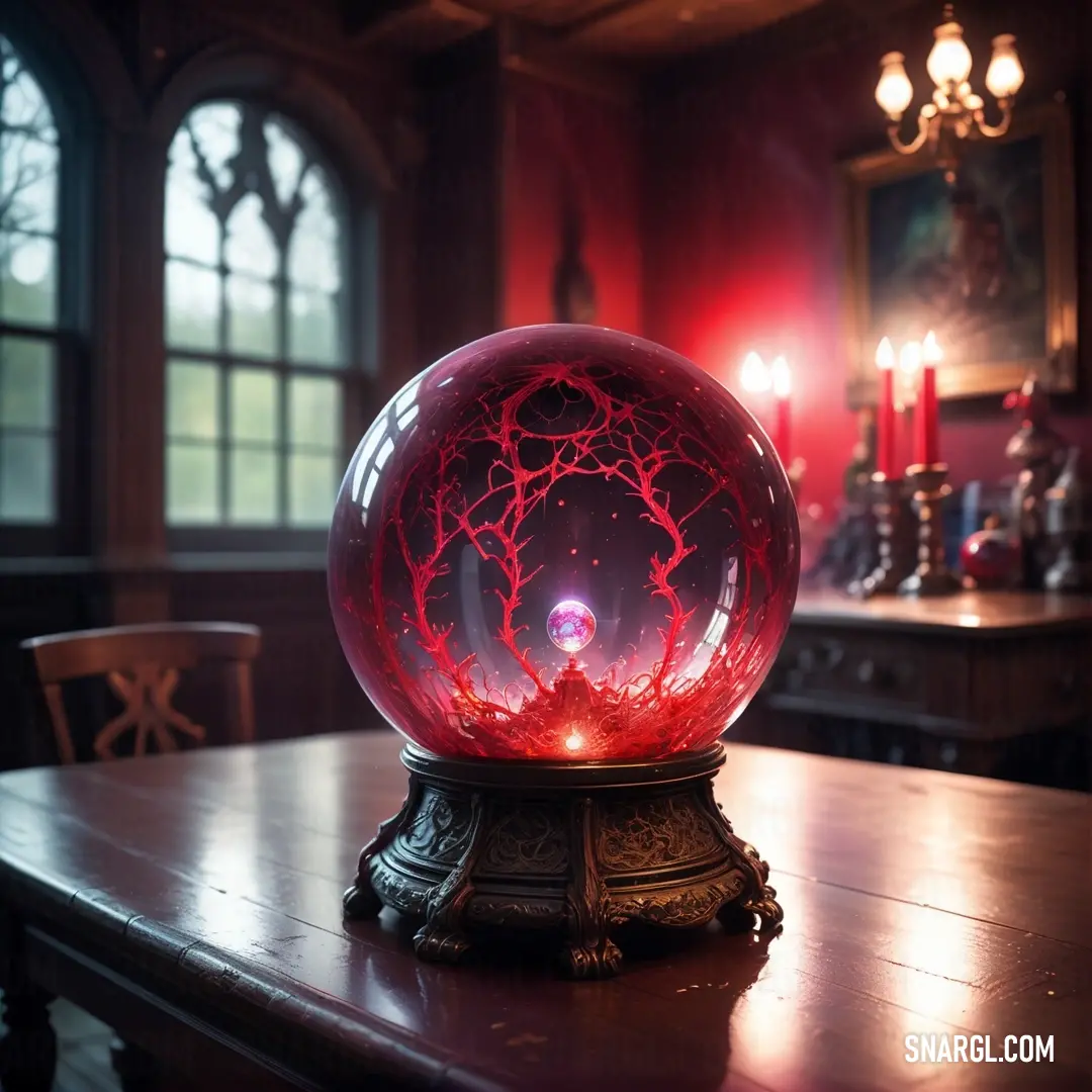 Red orb with a red light inside of it on a table in front of a window with curtains. Example of Red brown color.