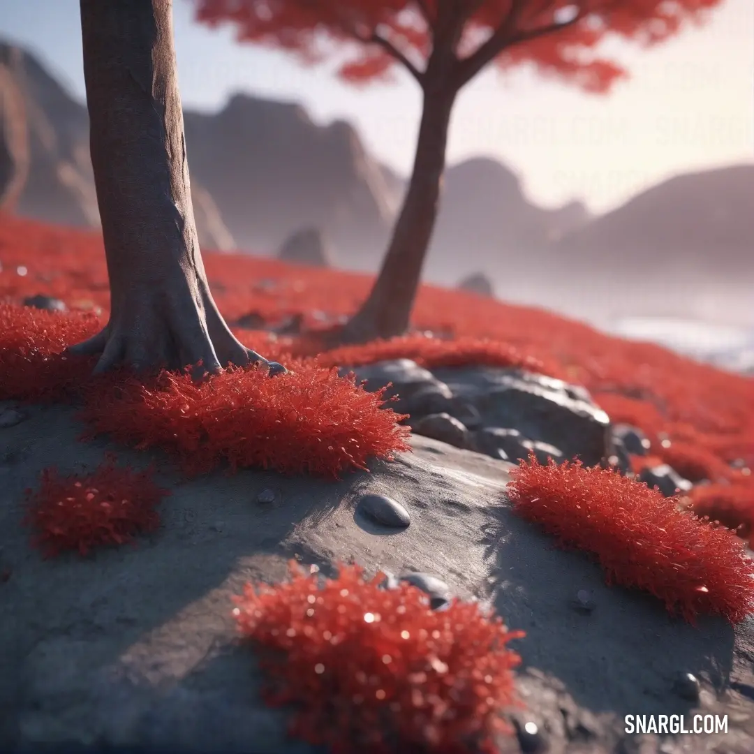 A lone tree and scattered rocks stand in a vast field, with vibrant red grass underfoot. In the background, a serene body of water reflects the surrounding landscape, bathed in warm light, capturing the peaceful essence of nature.