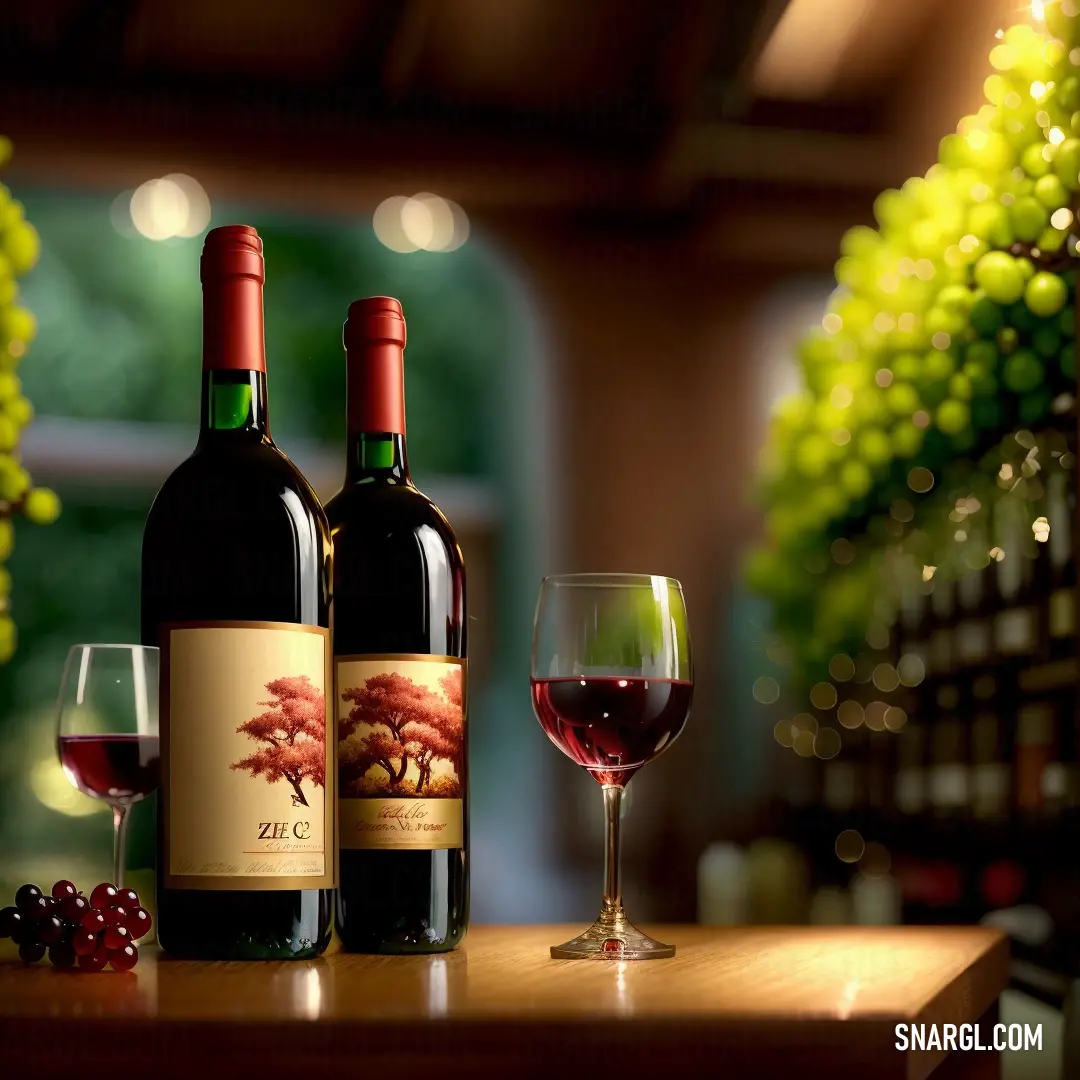 Two elegant bottles of wine sit next to a glass filled with wine, with grapes scattered around and a vase of fresh flowers adding a pop of color. The rich ambiance is enhanced by the deep, warm colors.