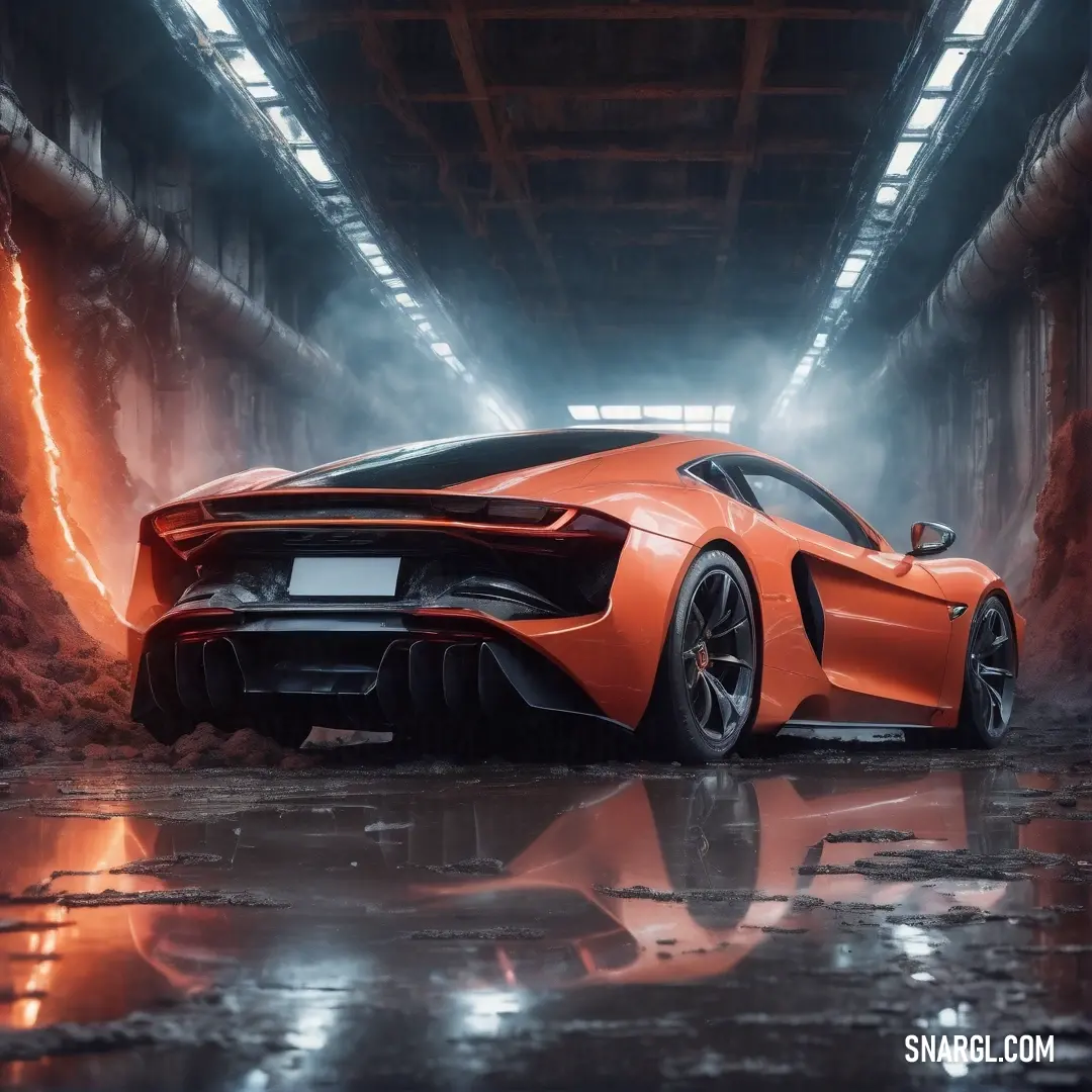 Red brown color example: Very nice looking orange sports car in a tunnel with lights on it's sides and a black roof