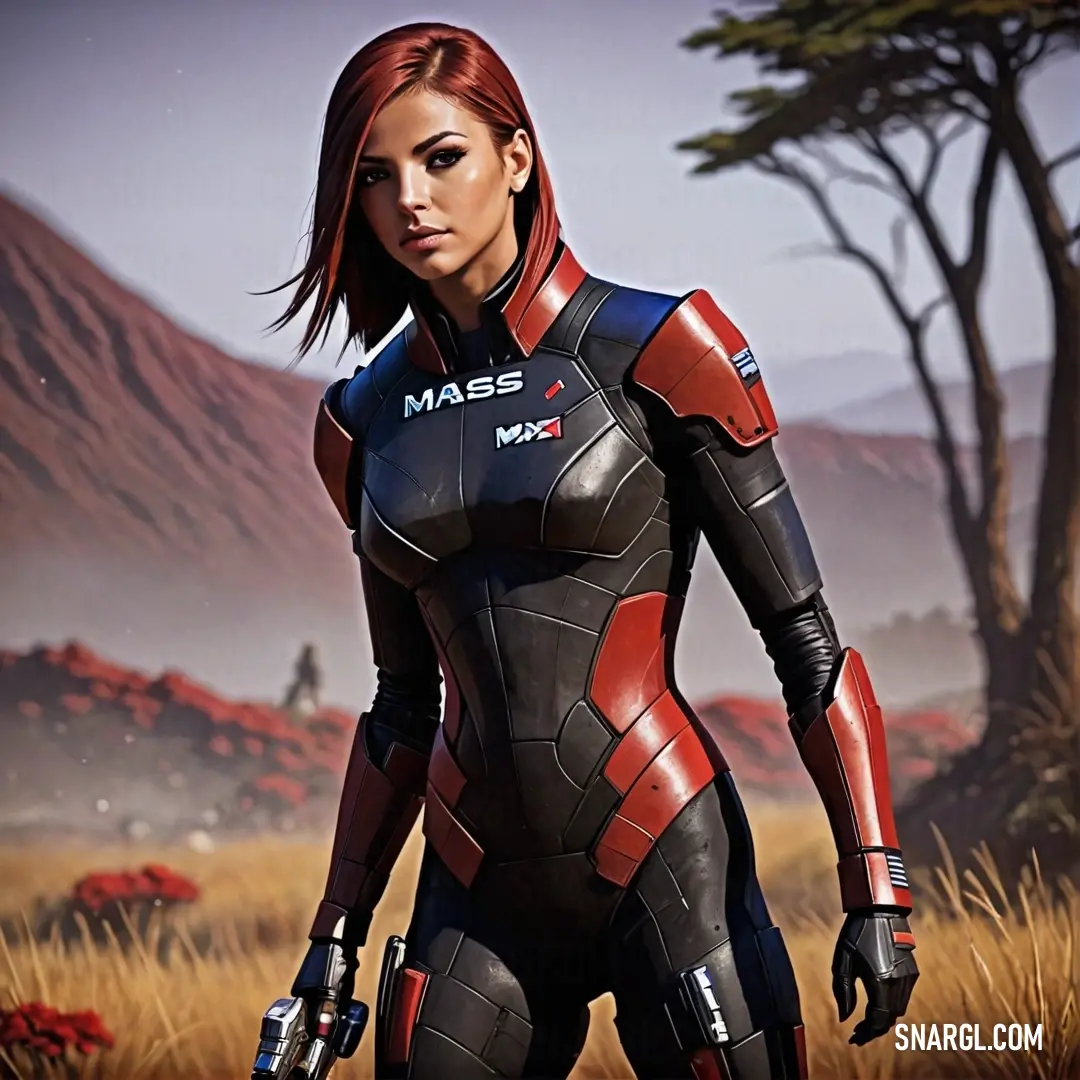 Woman in a futuristic suit standing in a field of grass and trees with a mountain in the background. Color Red brown.