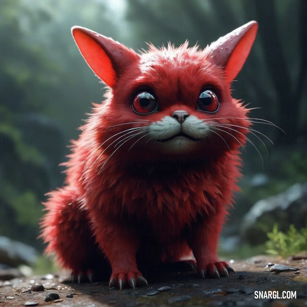 Red cat with big eyes on a rock in the woods with leaves and rocks around it. Example of Red brown color.