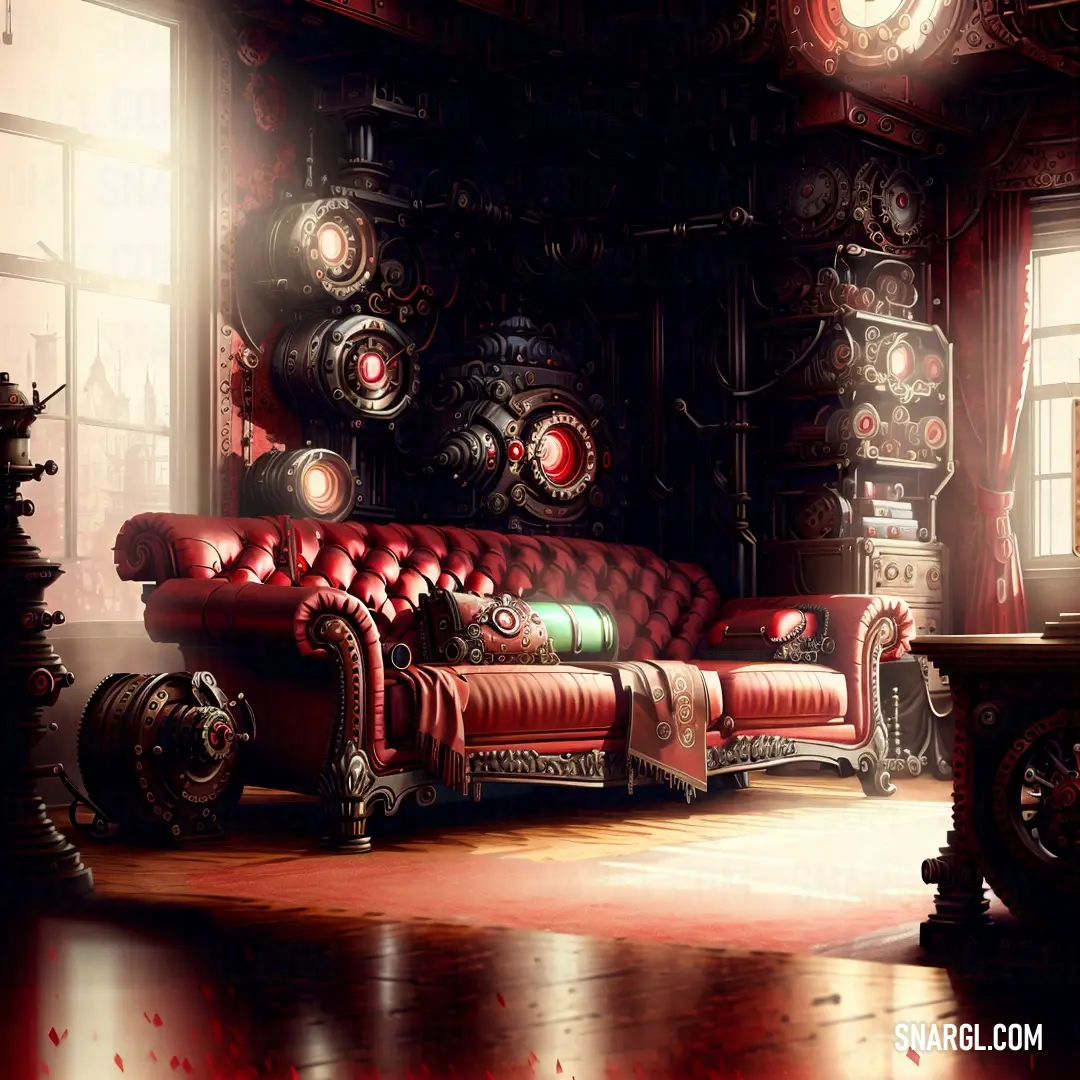 Red couch in a living room next to a window with a clock on it's side