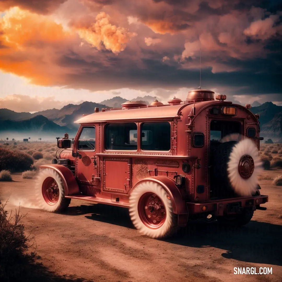 Red brown color example: Red fire truck driving down a dirt road under a cloudy sky with mountains in the background