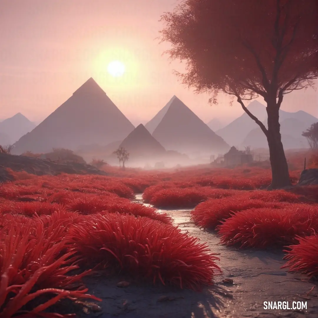 Red brown color example: Red landscape with a river running through it and a few pyramids in the background