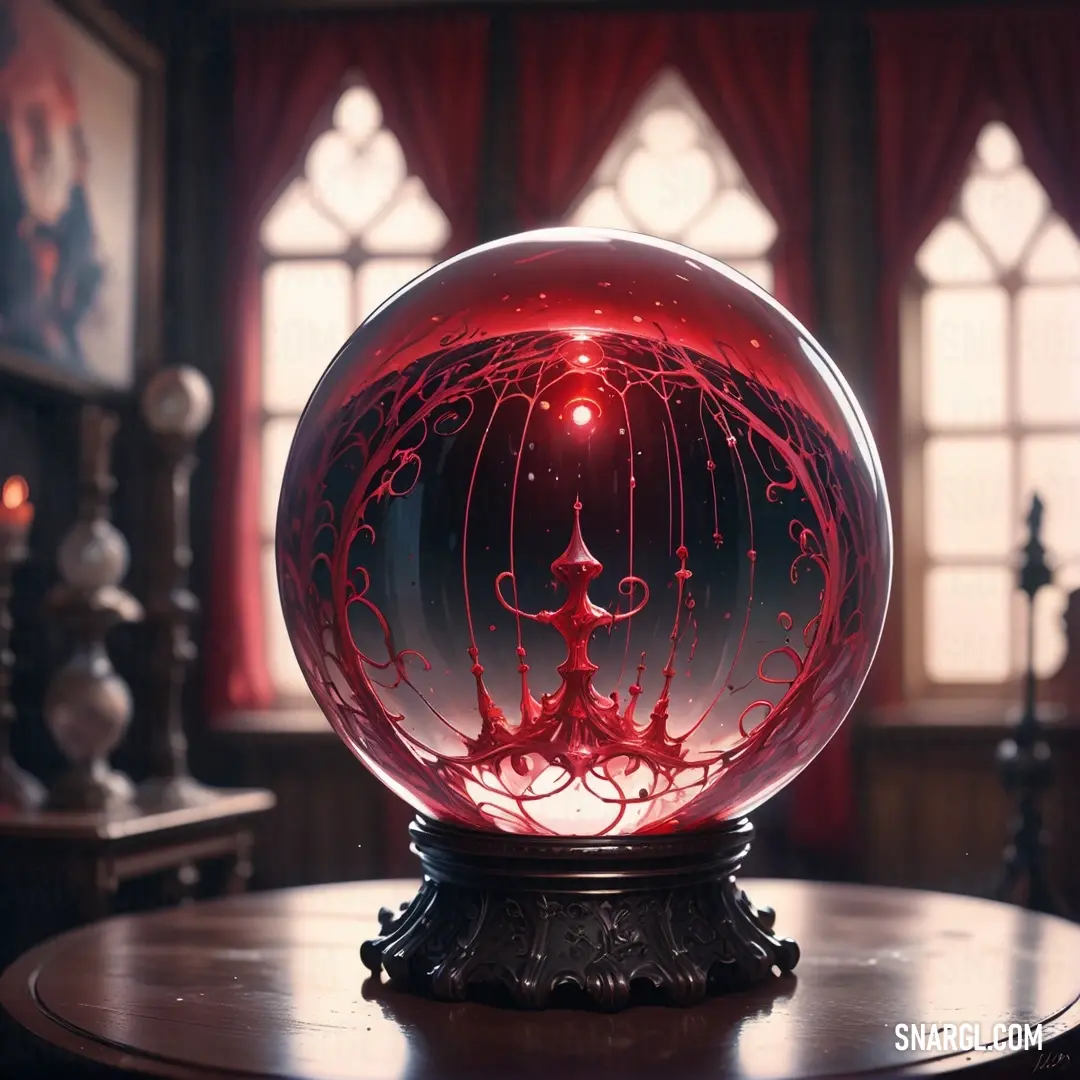 Red brown color example: Red orb with a red light inside of it on a table in front of a window with curtains