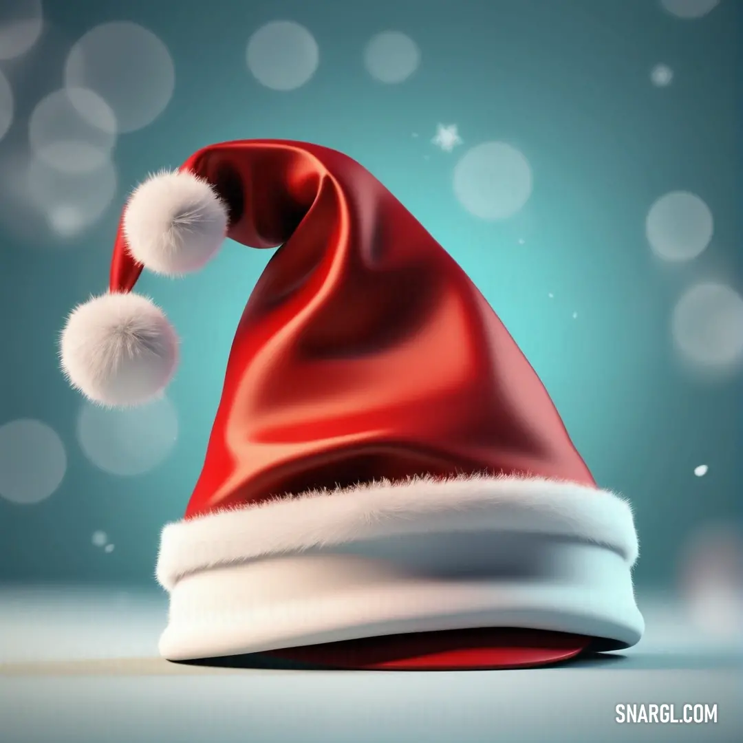 Red santa hat with a white pom - pom on top of it on a blue background. Color CMYK 0,75,75,35.