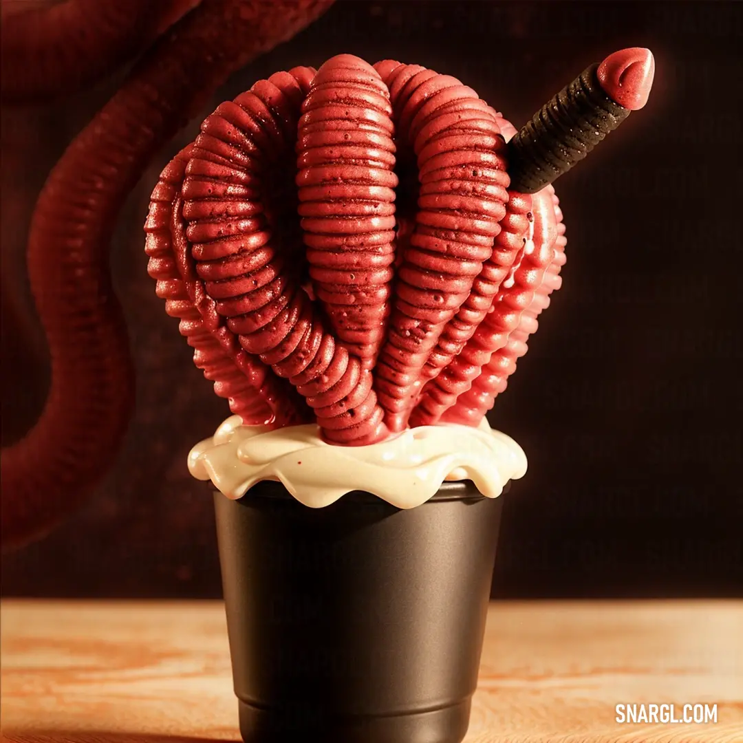 Red sculpture of a heart shaped object with a black handle on a table next to a red snake