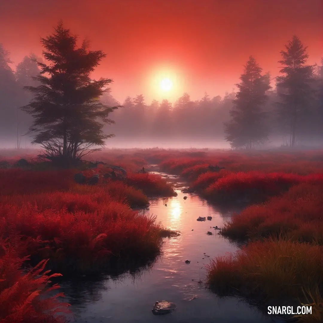 A serene river flowing through a lush green forest, its surface reflecting the colors of a fiery red sky at sunset. The peaceful river cuts through the wilderness, offering a perfect contrast to the vibrant sky above.