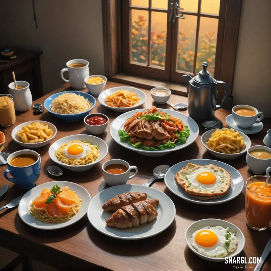 A beautifully arranged dining table filled with an abundance of colorful dishes, showcasing a tempting variety of fruits and delicacies, with a comforting window view in the background.