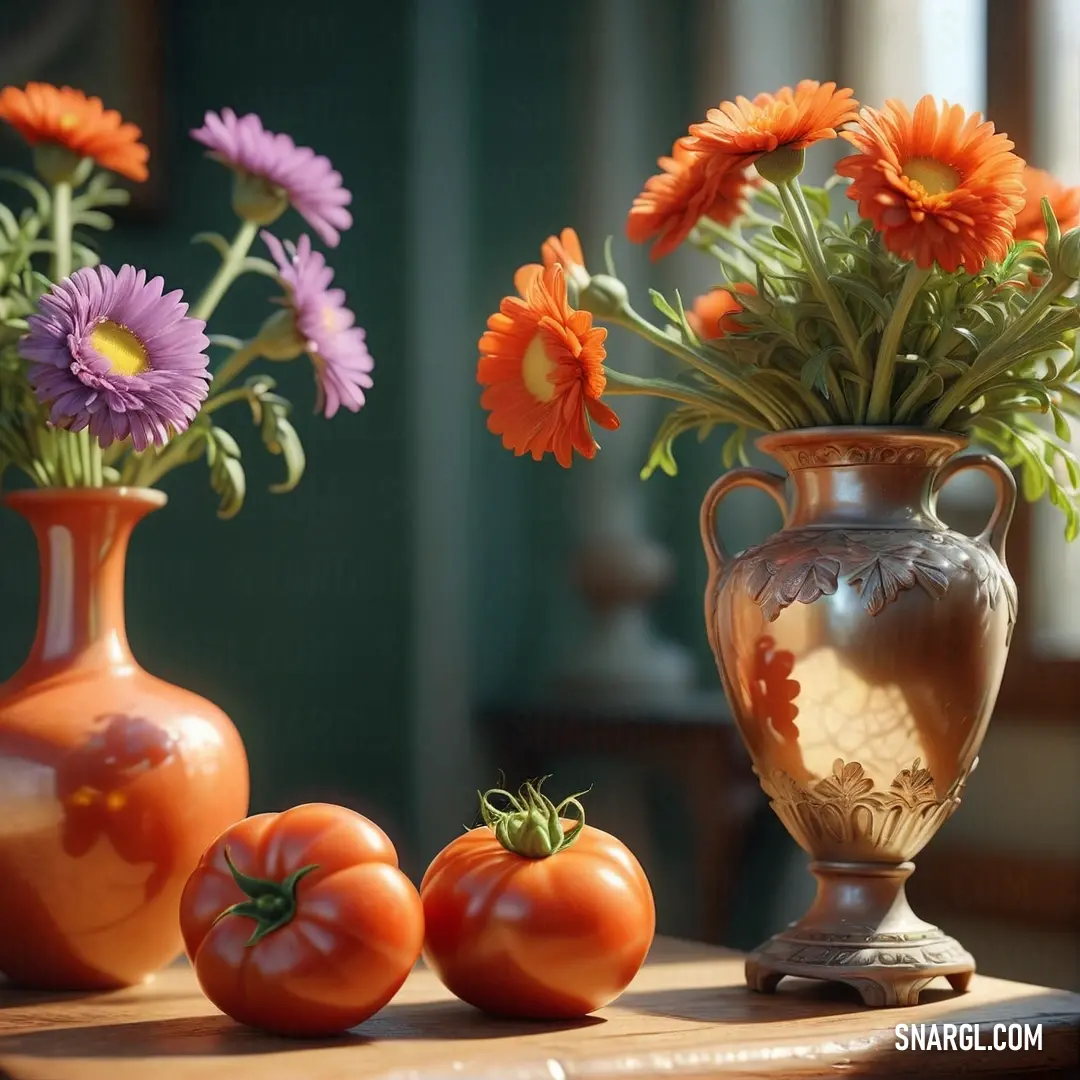 An inviting table setting featuring three elegant vases filled with colorful flowers and three freshly picked oranges, creating a delightful display that evokes a sense of warmth and joy.