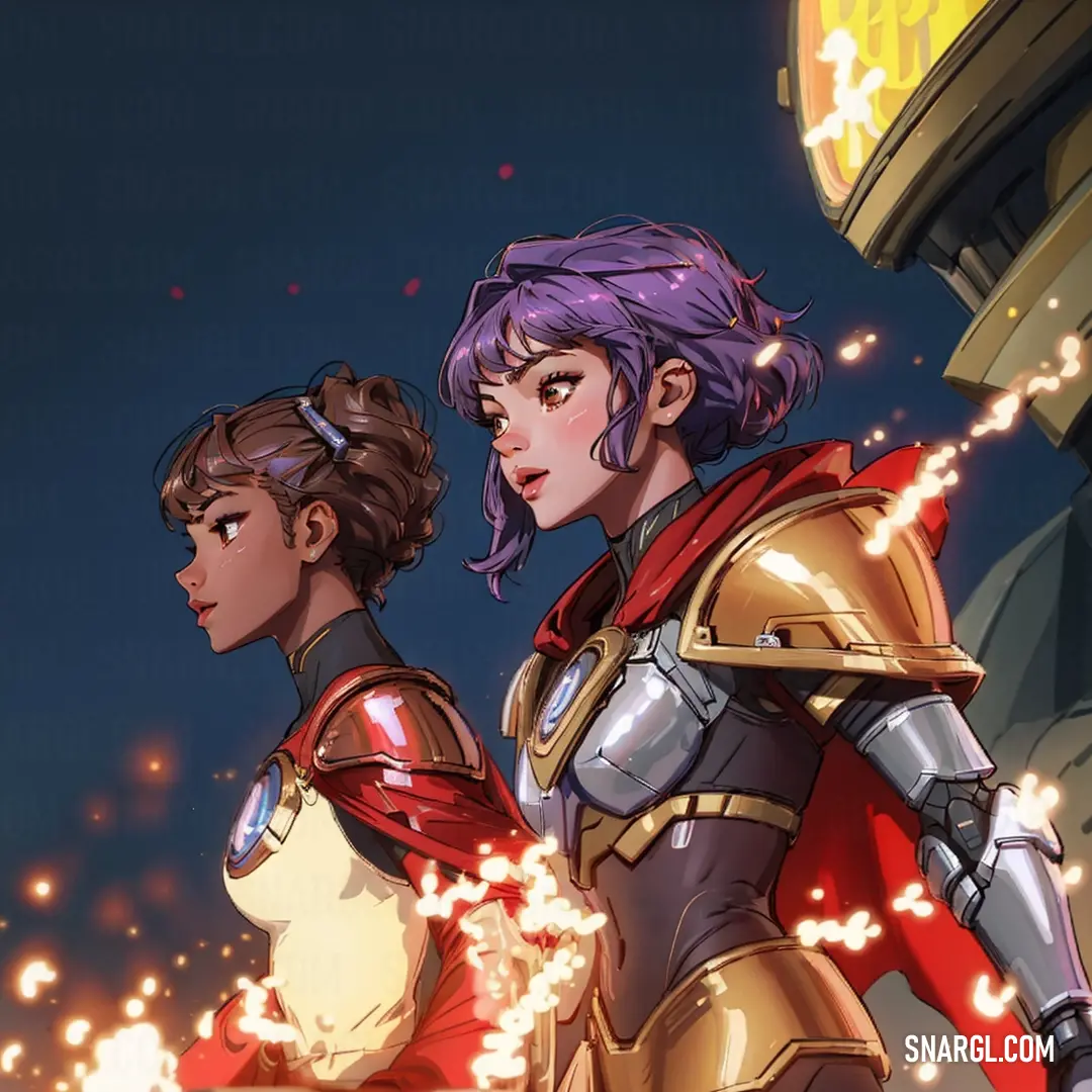 Two people in armor standing next to each other with fire coming out of their hands and a building in the background