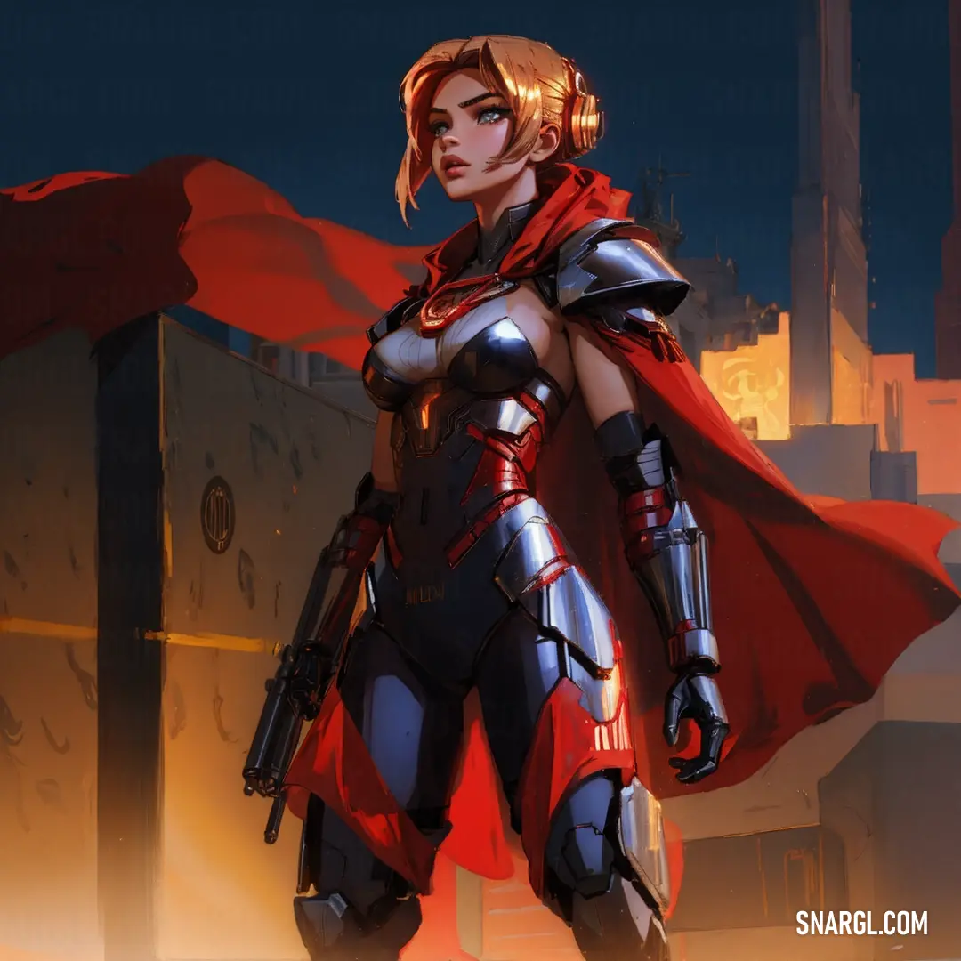 Woman in a red cape and armor standing in front of a building at night