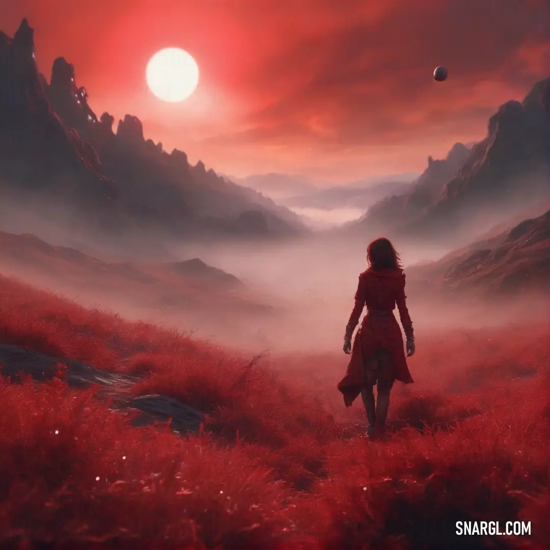 A woman walks through a field at sunset, her figure silhouetted against the glowing red sky. The air is still, and the vibrant colors of the sky create a peaceful, almost magical atmosphere as she moves through the quiet landscape.