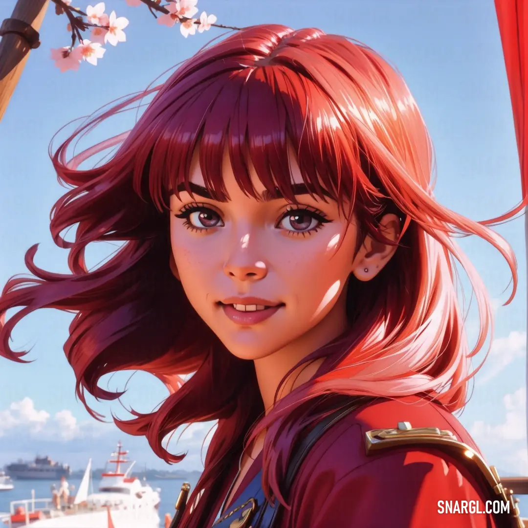 Woman with red hair and a red jacket on standing next to a boat in the water with a cherry blossom in her hair