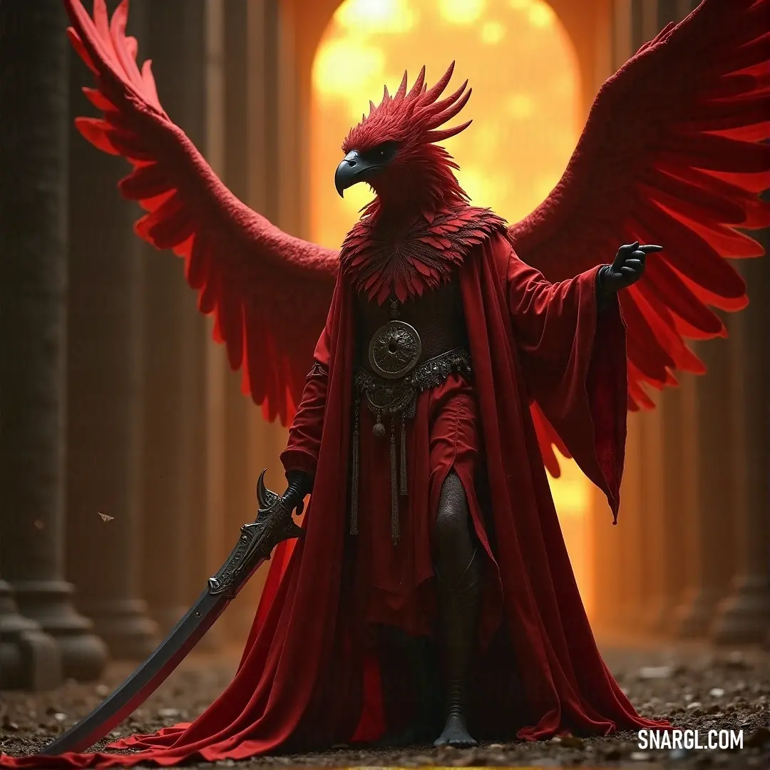 Red Garuda, donning a crimson cape and holding a sword, exudes a sense of fiery determination with vibrant wings poised for flight. A fierce Red Garuda, its bright red feathers and dynamic wings are enhanced by a flowing red cape resting on its head. It grips a sword firmly, prepared for action.