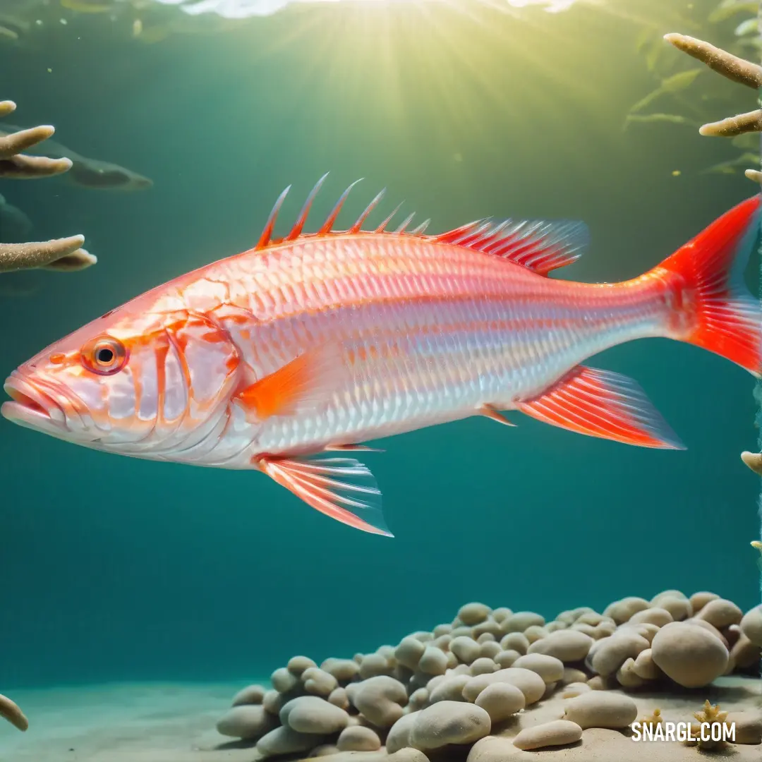 Fish swimming in a large aquarium filled with water and rocks and corals under a bright sunburst