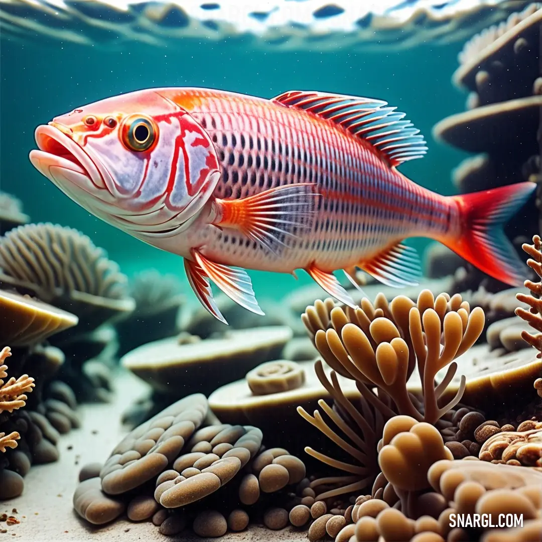 Fish swimming in a large aquarium filled with corals and seaweeds and sponges