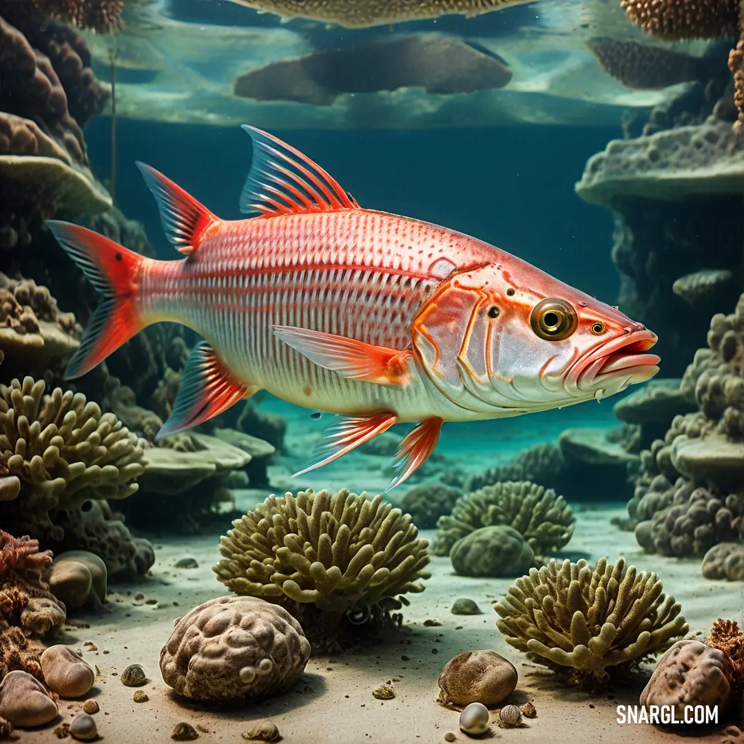 Fish swimming in a large aquarium filled with corals and other sea life