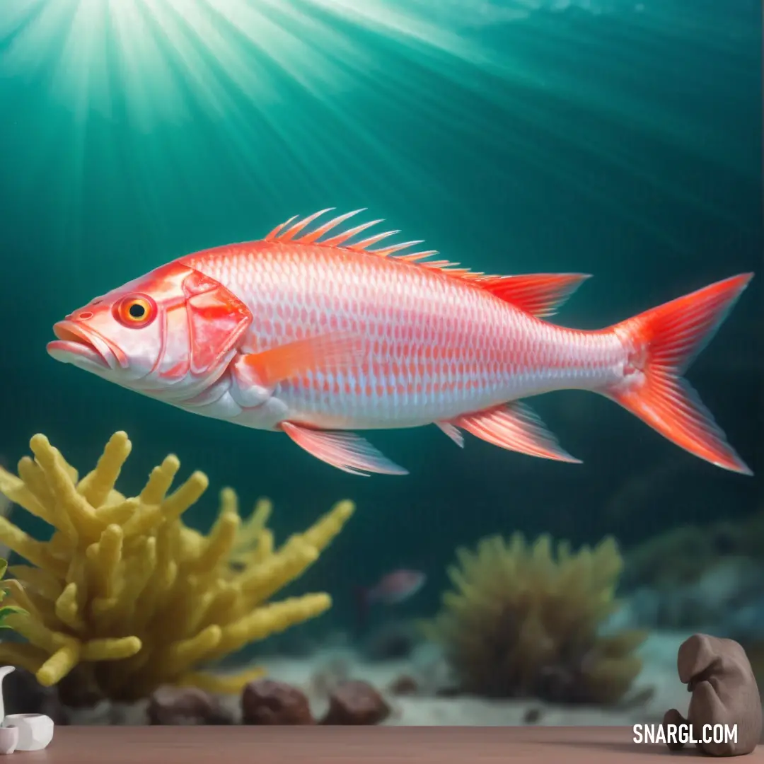 Fish swimming in a large aquarium with corals and sponges on the floor and a rock in the foreground