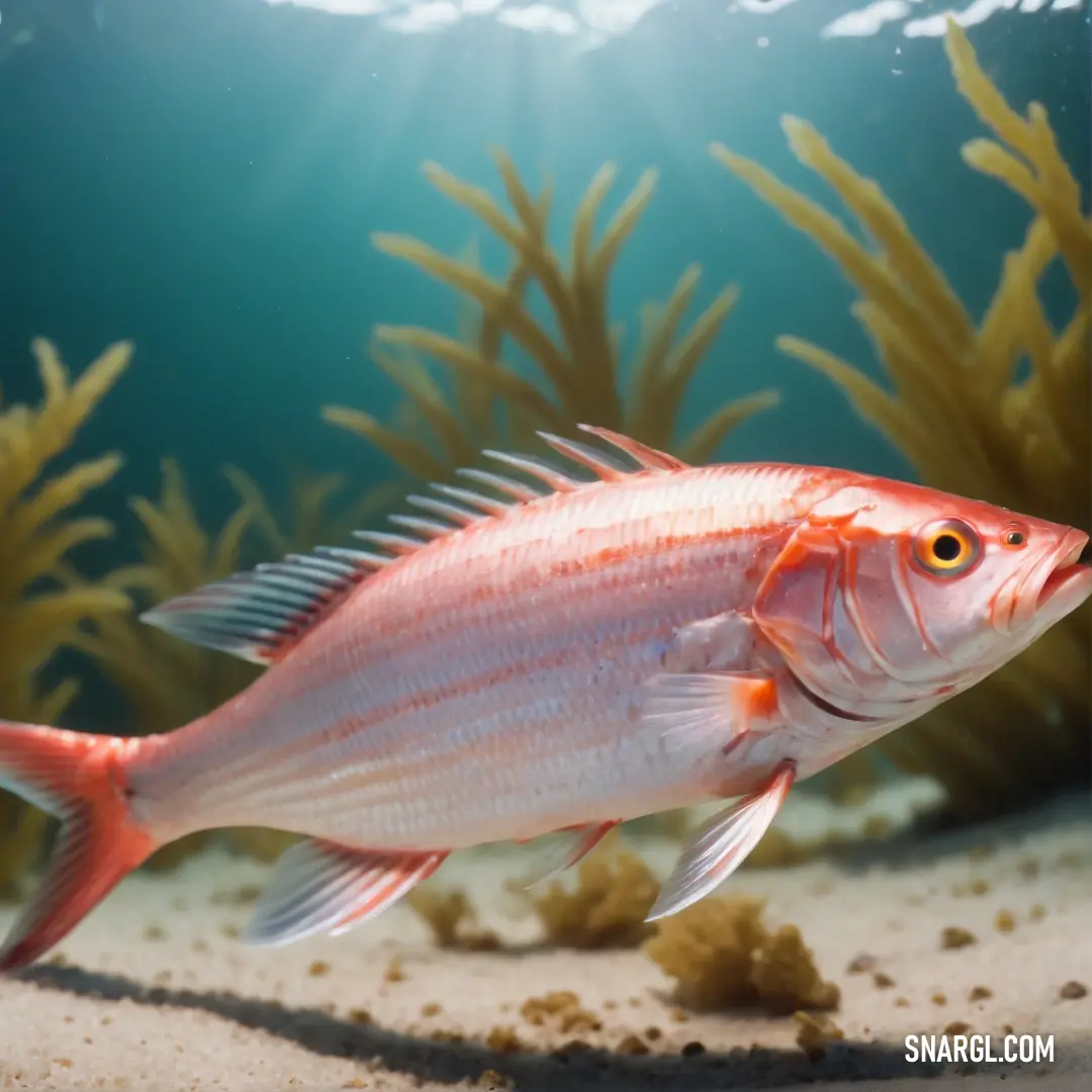 Fish swimming in a large aquarium with algaes and sand around its edges and a sunbeam