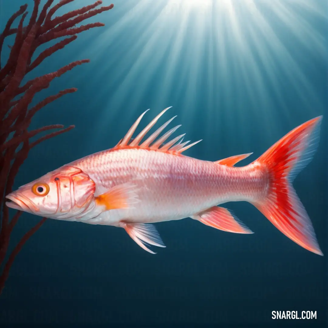 Fish swimming in the water near a plant with a sun shining on its side and a blue background