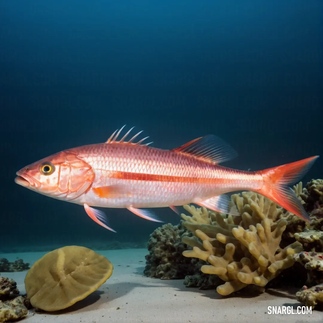 Fish swimming over a coral reef with a sponge coral in the foreground