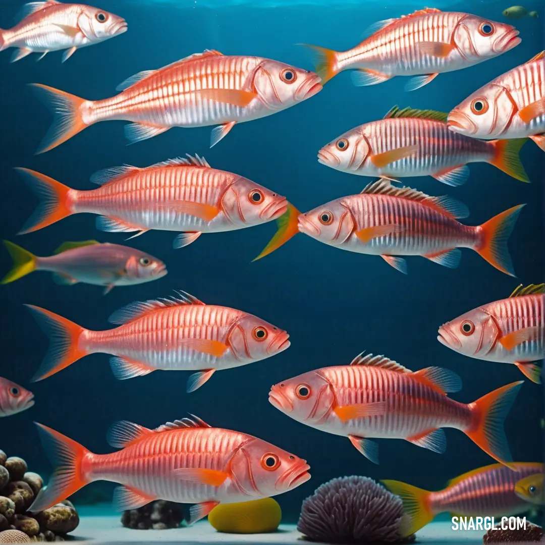 Group of fish swimming in a large aquarium filled with water and rocks and corals on the bottom of the tank