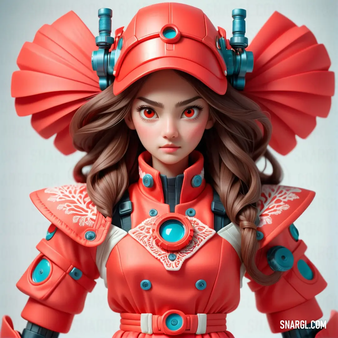Close up of a doll wearing a red outfit and a helmet with blue accents on it's head. Example of CMYK 0,67,71,0 color.