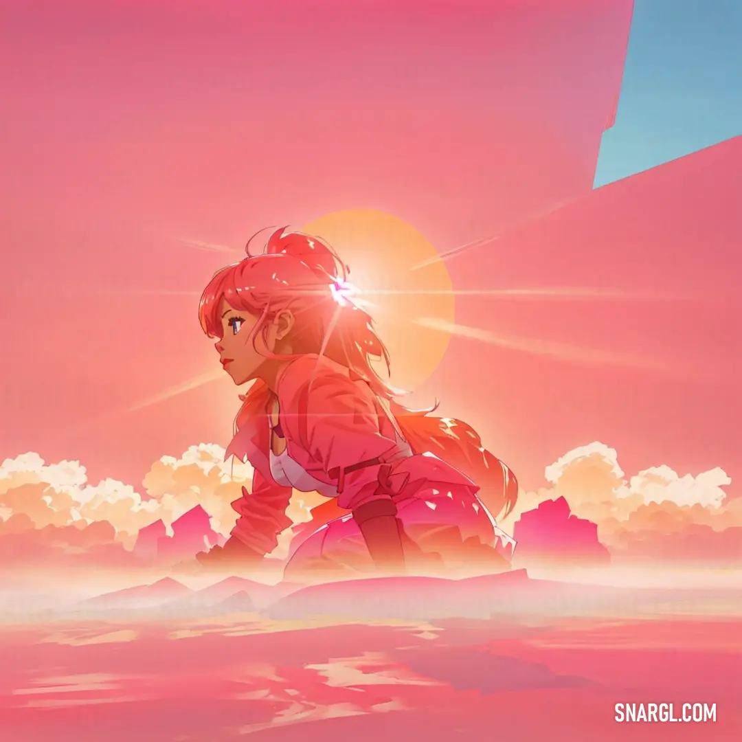 Girl in a pink outfit standing in the middle of a pink sky with clouds and sun behind her