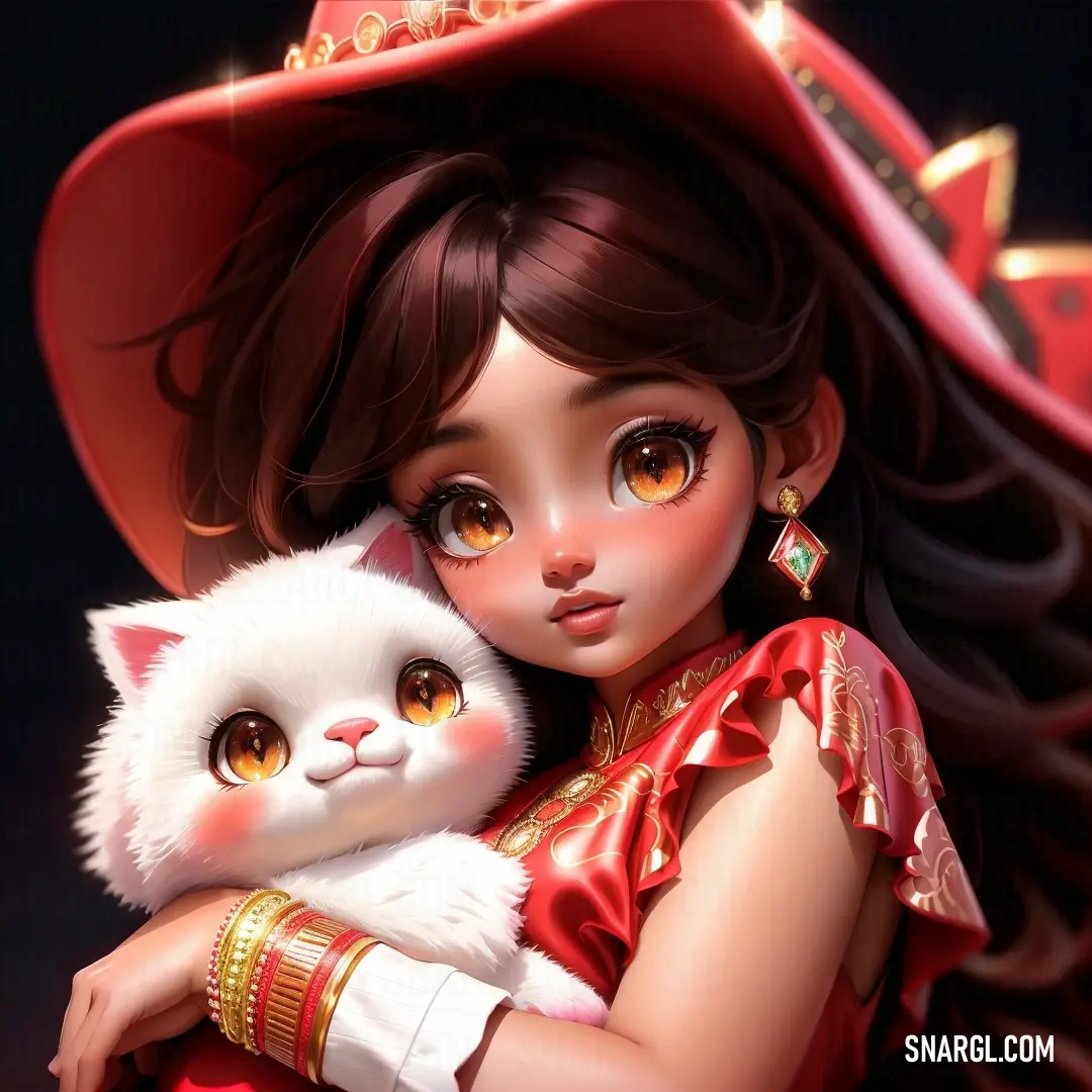 Girl in a red dress holding a white cat in her arms and wearing a red hat with gold trim