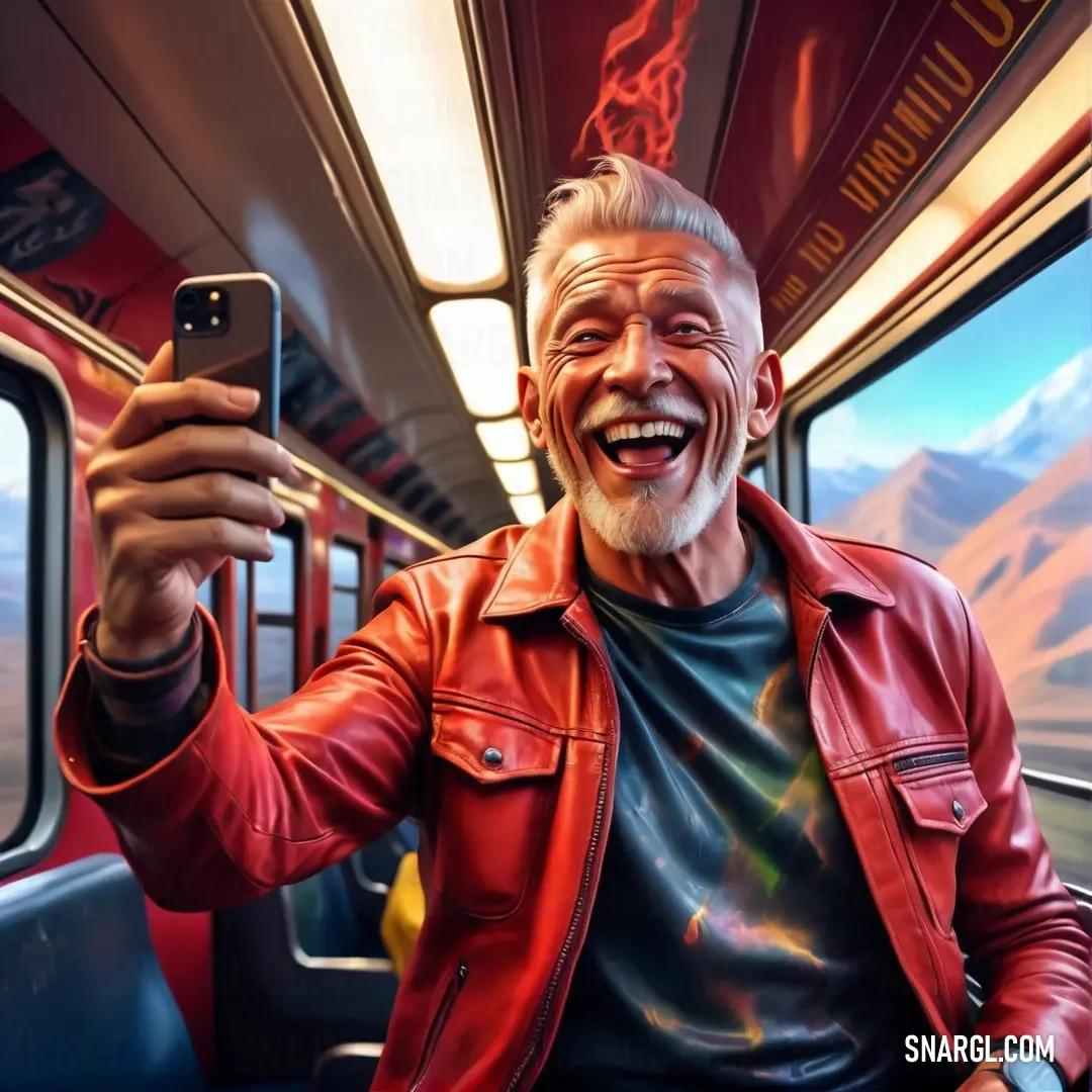 Man in a red jacket is taking a selfie on a train with a cell phone in his hand. Color Red Orange.