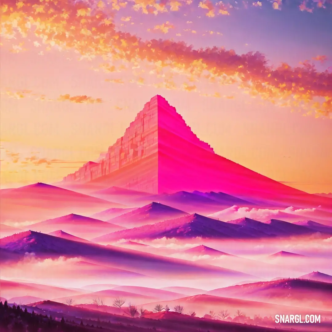 Painting of a mountain with a pink sky in the background and clouds in the foreground