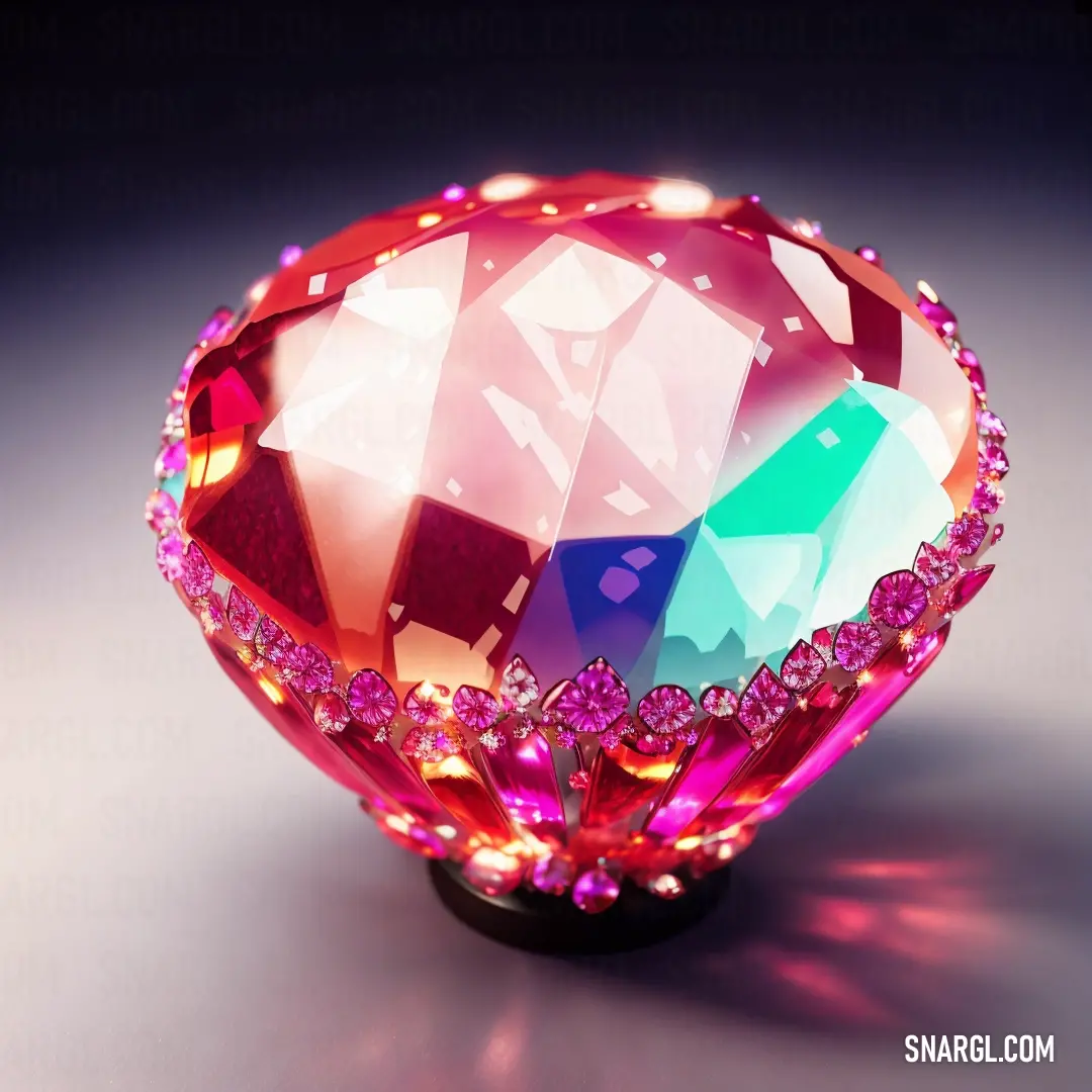 Pink diamond shaped object with a lot of pink and green crystals on it's sides and a black base