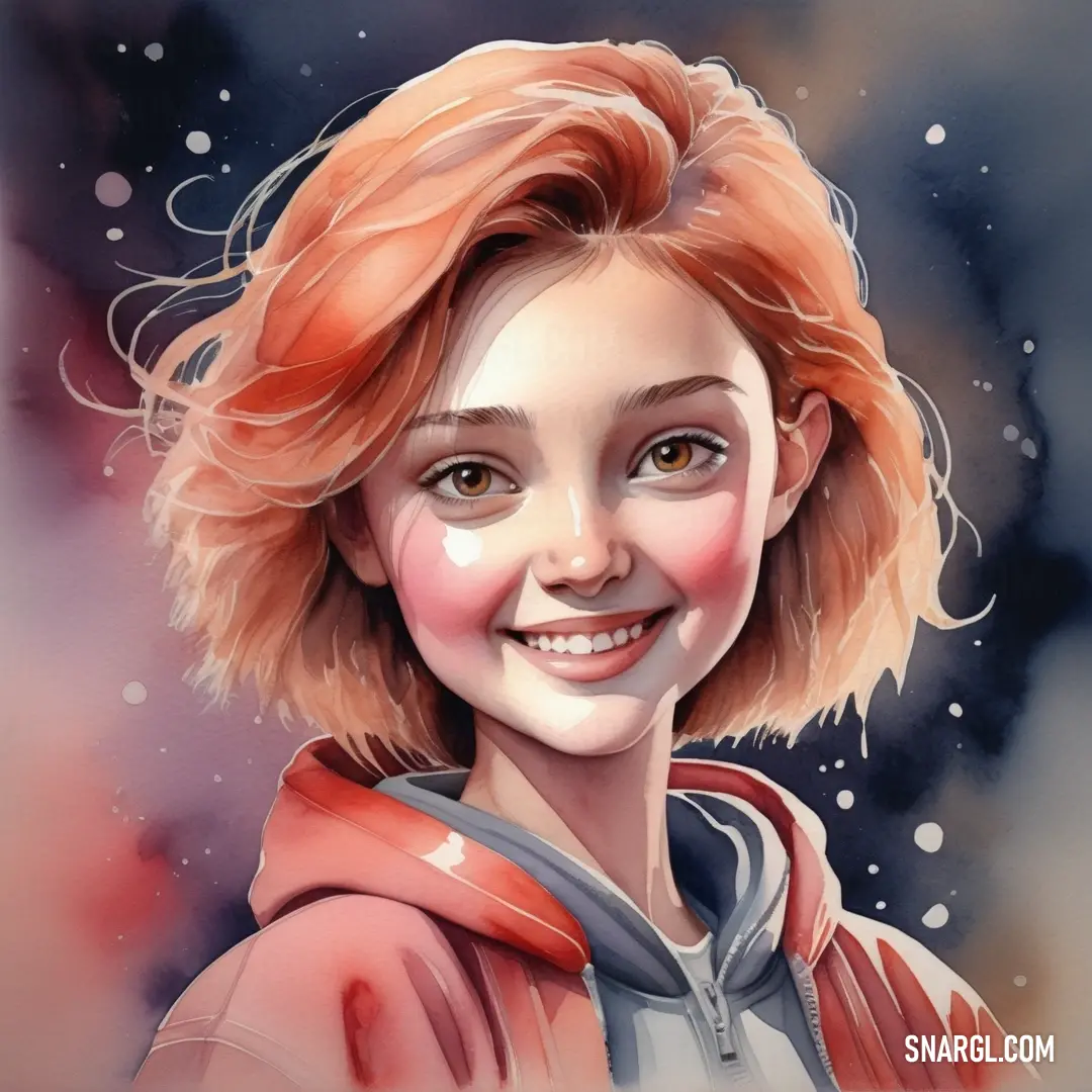 Digital painting of a woman with red hair and a smile on her face. Color Red Orange.