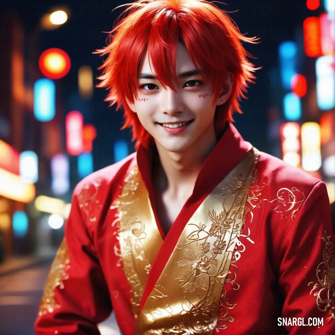 Man with red hair and a gold outfit in a city at night with neon lights behind him and a street sign in the background