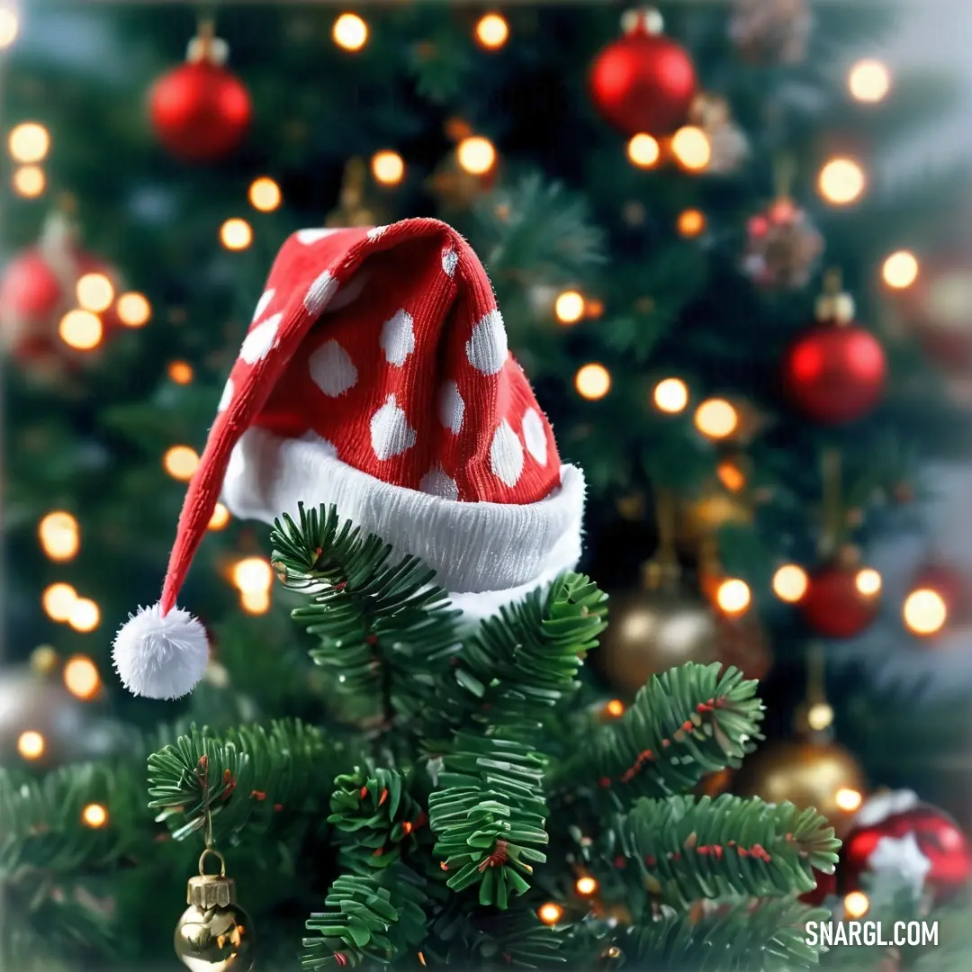 Red and white hat on top of a christmas tree with lights in the background. Color Red Orange.