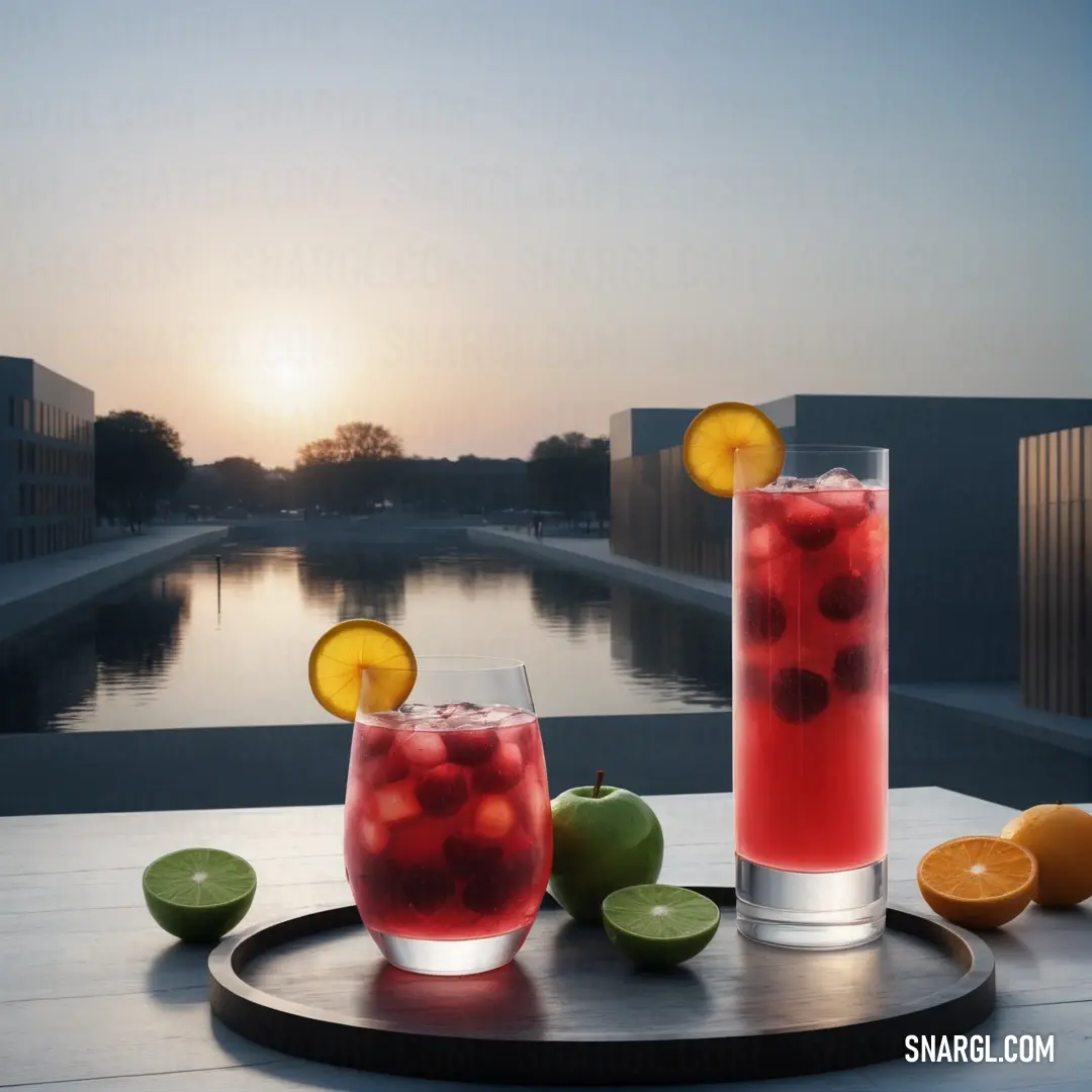 Two glasses of drinks on a table with fruit and a sunset in the background. Color Red Orange.