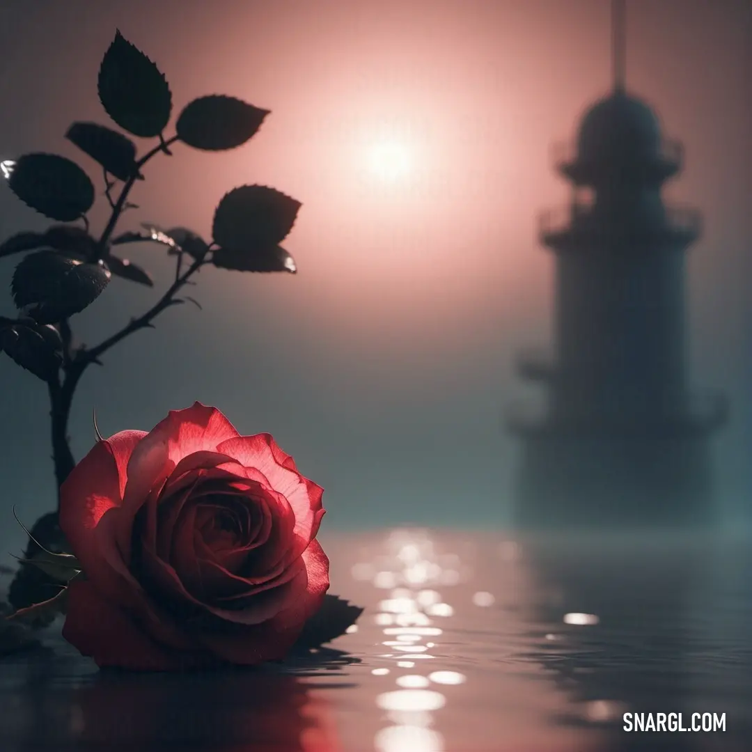Single rose on top of a table next to a lighthouse in the background. Color #FF5349.
