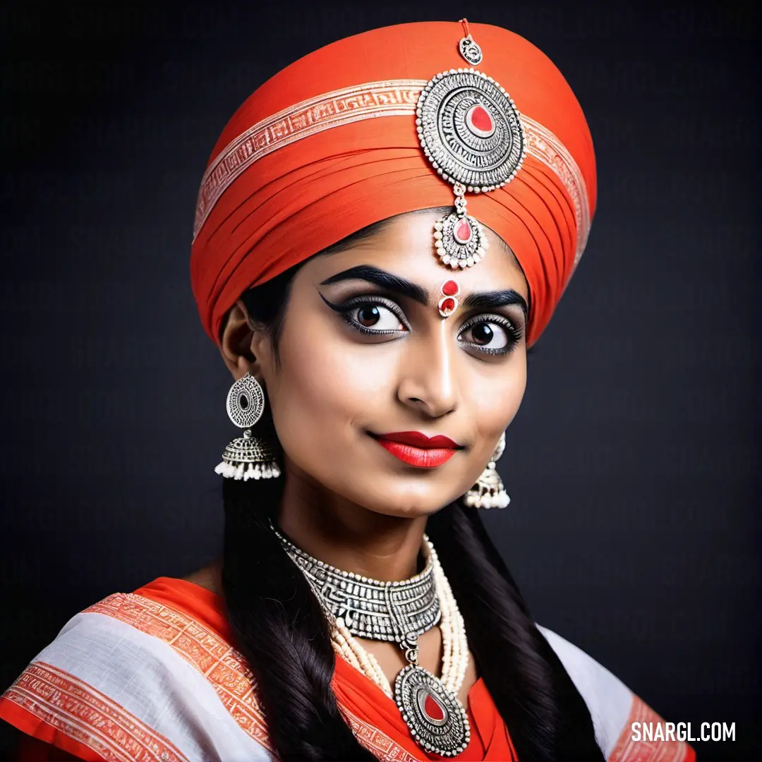 Red Orange color. Woman wearing a red turban and a necklace with silver jewelry on her head and a black background