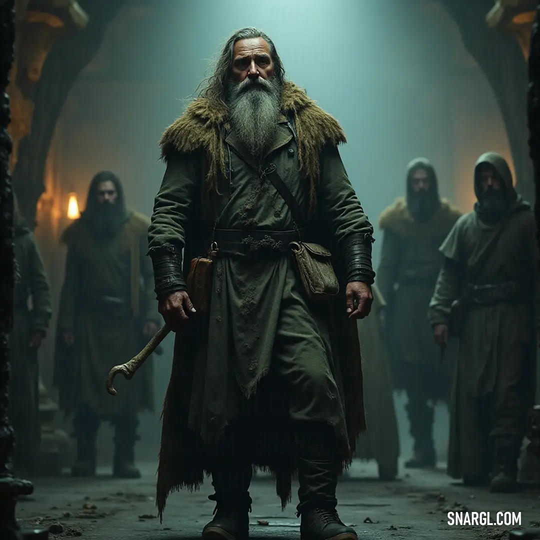 A distinguished figure walks through a dimly lit tunnel, accompanied by friends, ready for adventure into the unknown. Amidst the mystique of a dimly lit tunnel, a distinguished figure in a long coat confidently strides alongside fellow adventurers. Together, they navigate the shadows, embodying camaraderie and the thrill of the unknown in their quest for discovery.