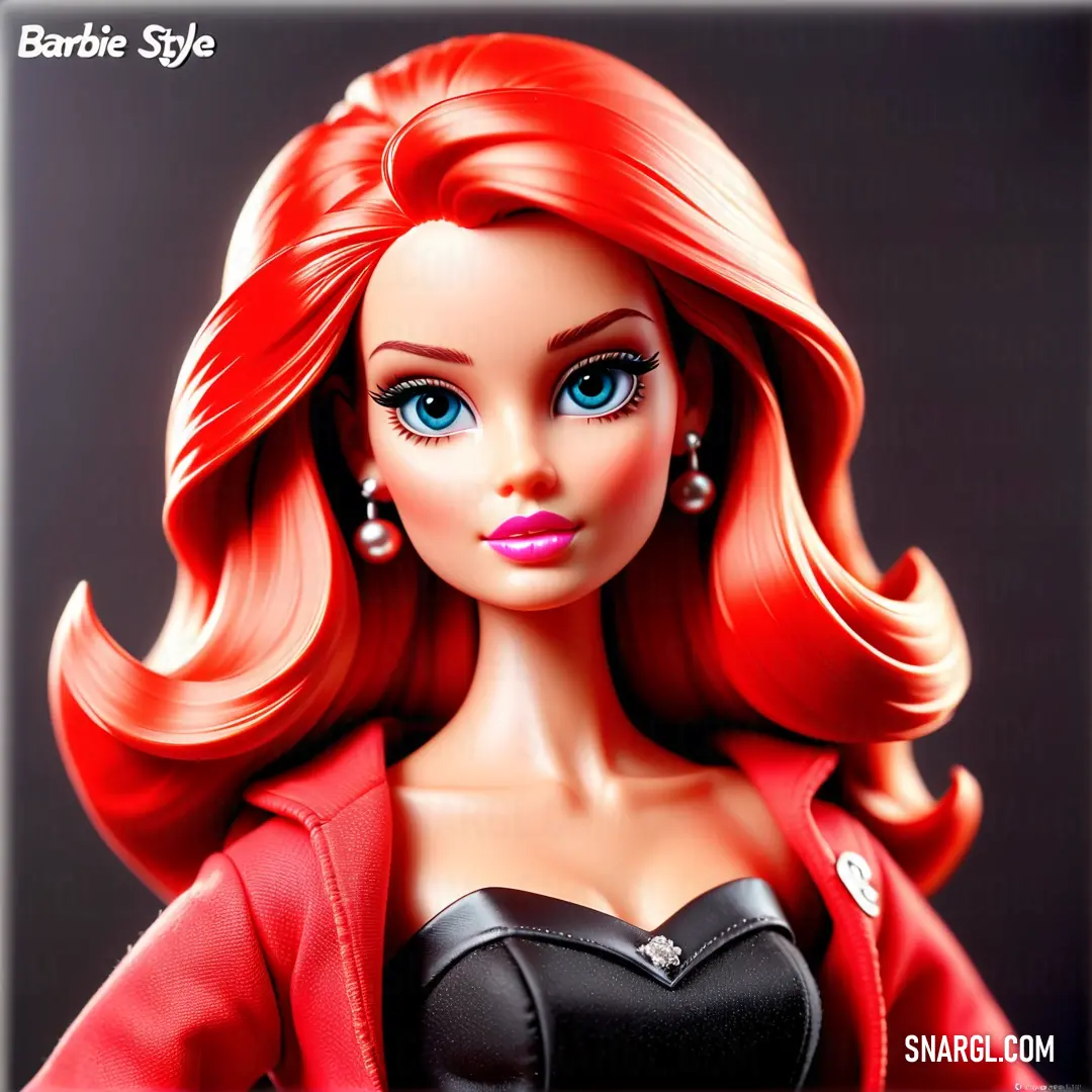 Doll with red hair and blue eyes wearing a red jacket and black bra top with a red jacket. Color CMYK 0,100,100,0.