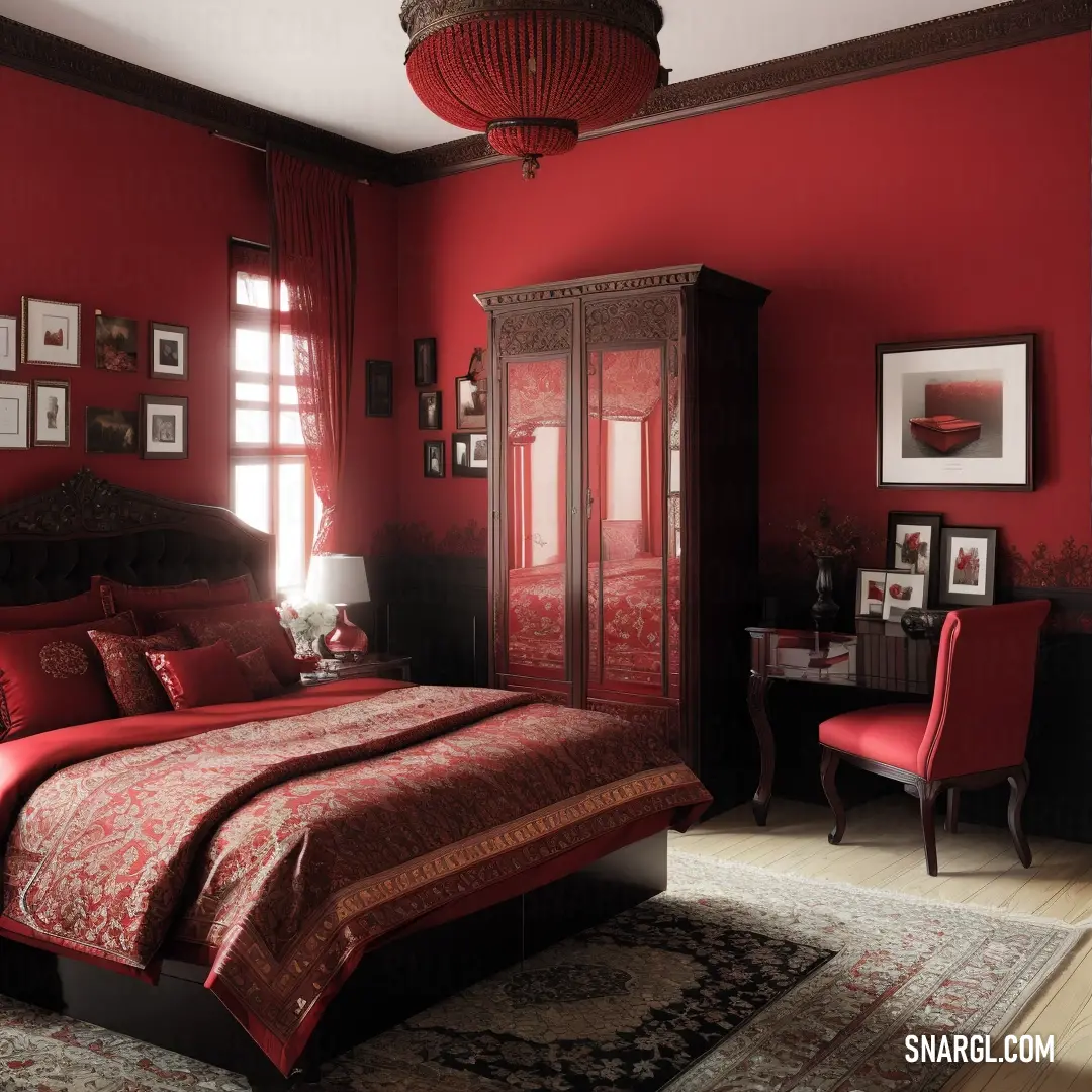 Bedroom with a red wall and a bed with a red comforter and a red chair