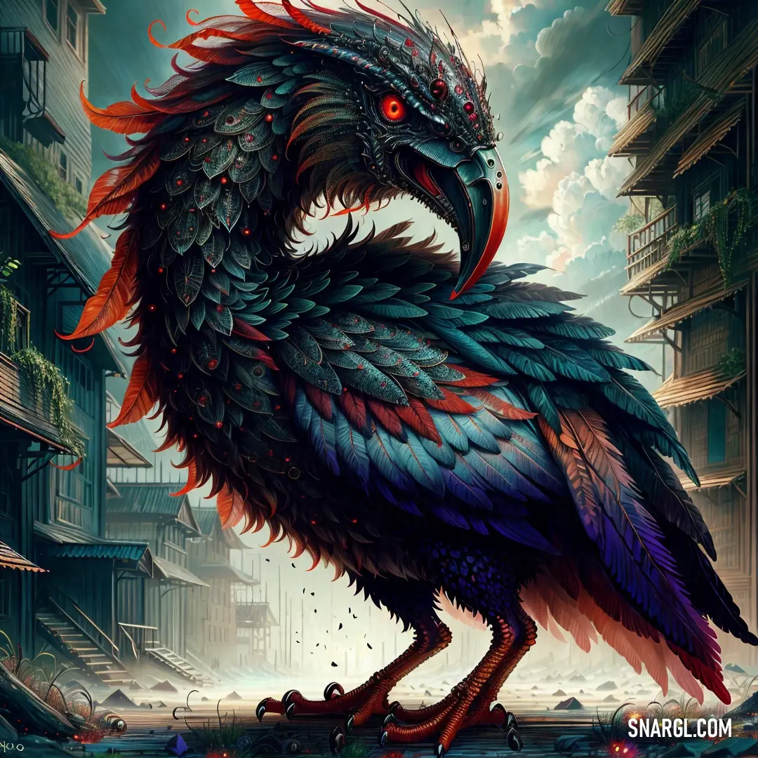 Bird with a red beak and a blue body with red eyes standing in a city street with buildings