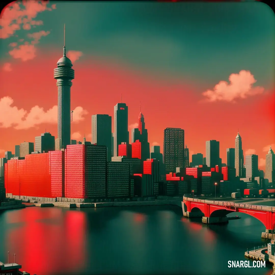City skyline with a bridge and a red building in the background with a red sky and clouds above